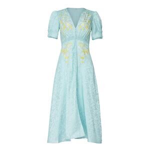 SALONI Blue Lea Shirred Silk Satin Jacquard Embroidered Midi Dress Size 2